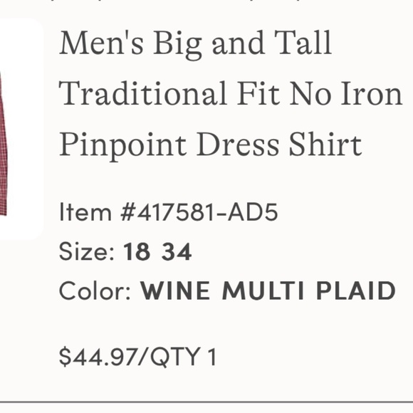 Lands' End No Iron Supima Button-Down Red Long Sleeve 18/34T - Picture 8 of 8